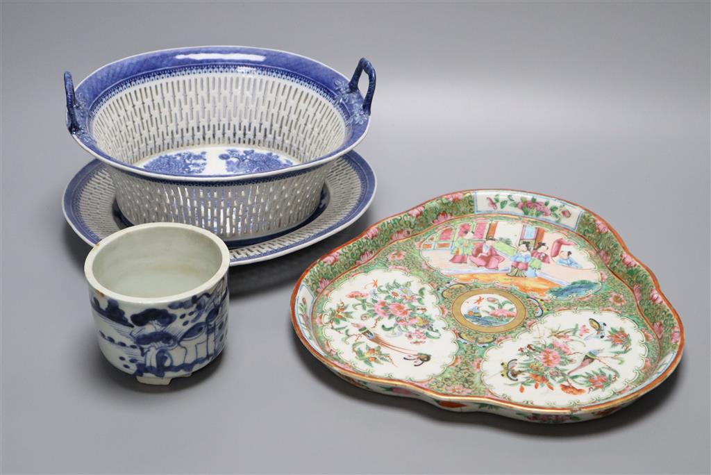 An 18th century Chinese export blue and white basket (cracked) and stand and a Cantonese dish